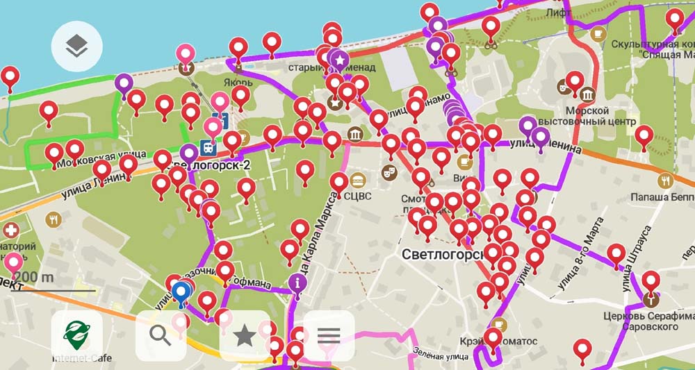 Метки maps me и Organic Maps с маршрутами
